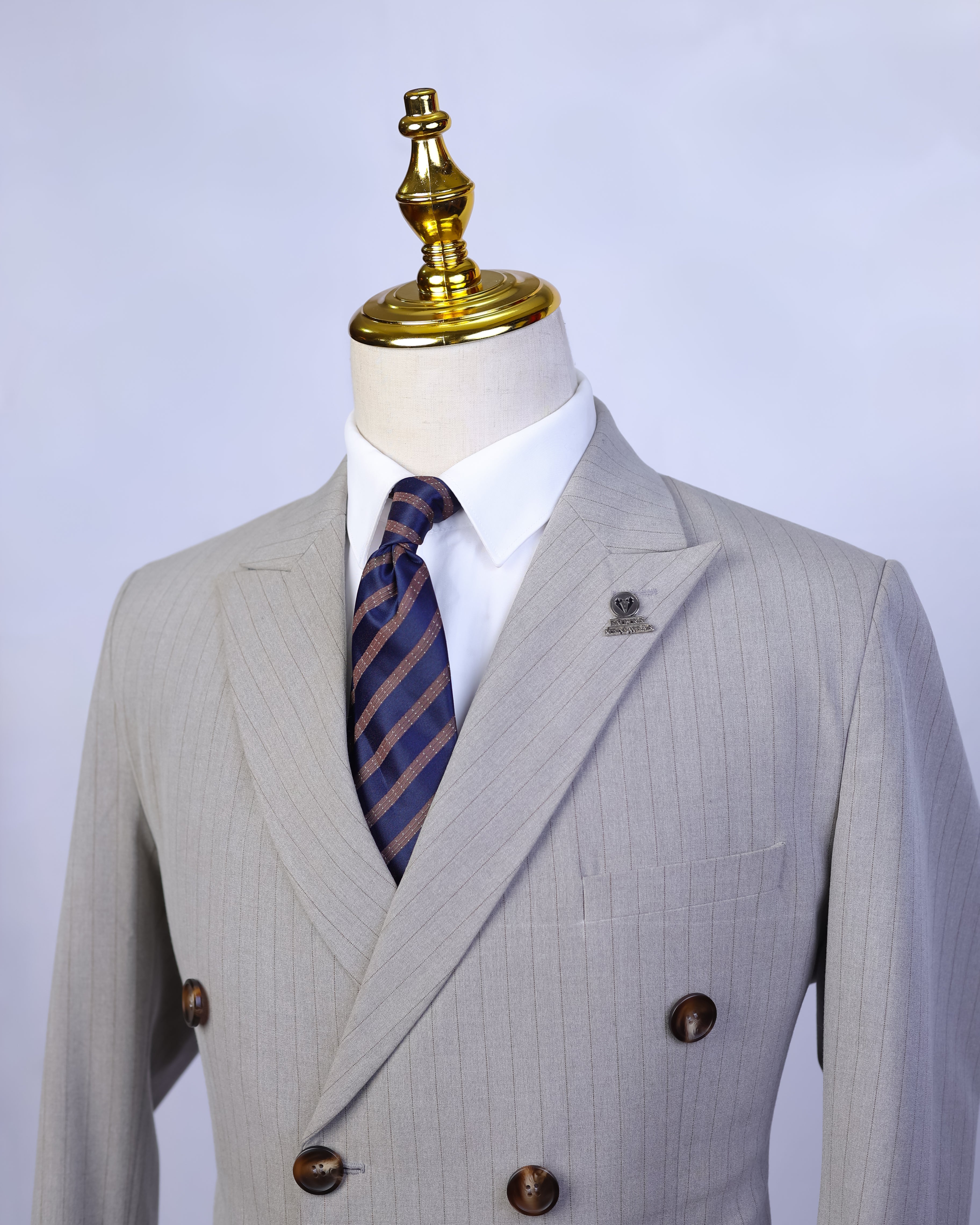 Ash Beige Pinstripes Double Breasted