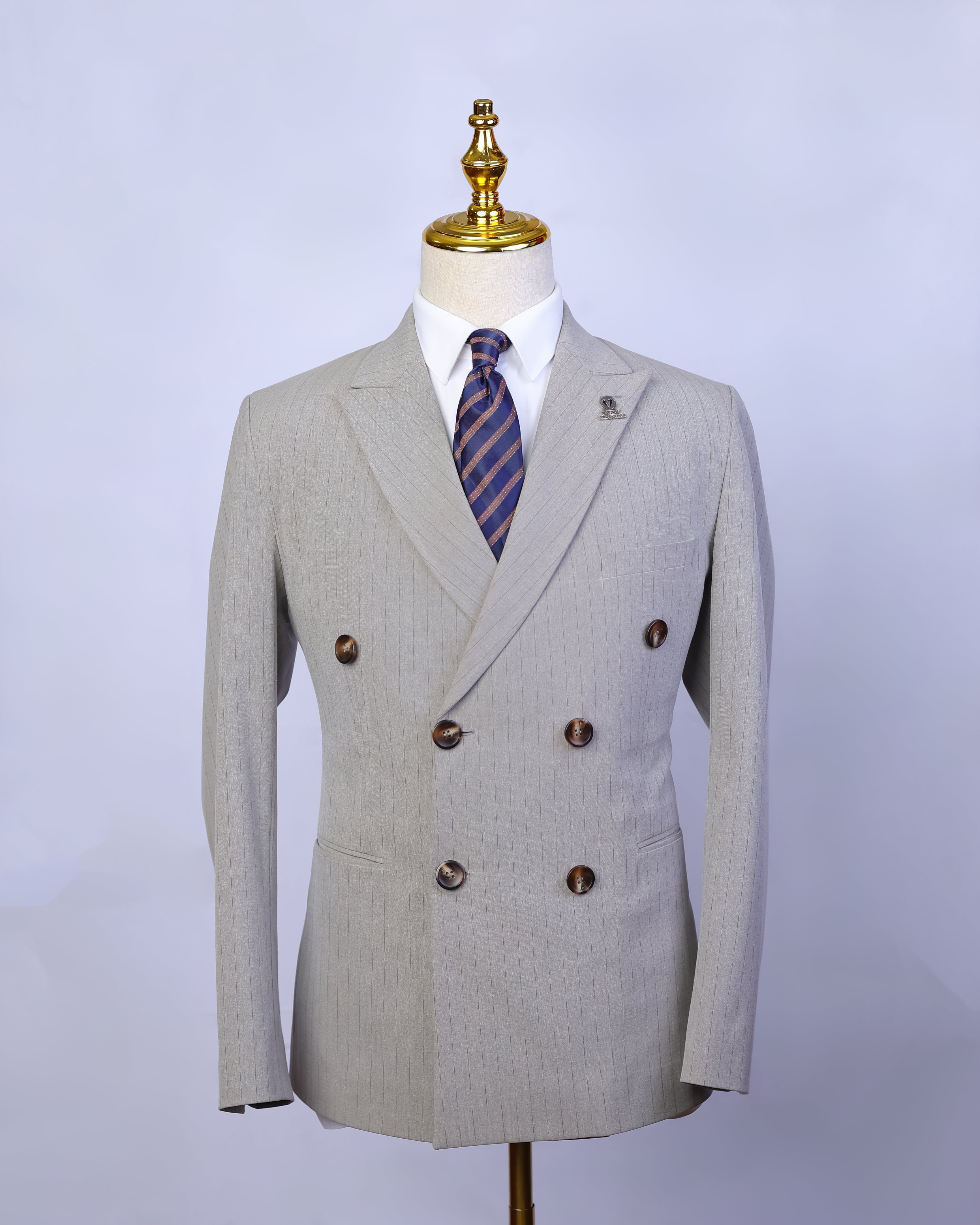 Ash Beige Pinstripes Double Breasted