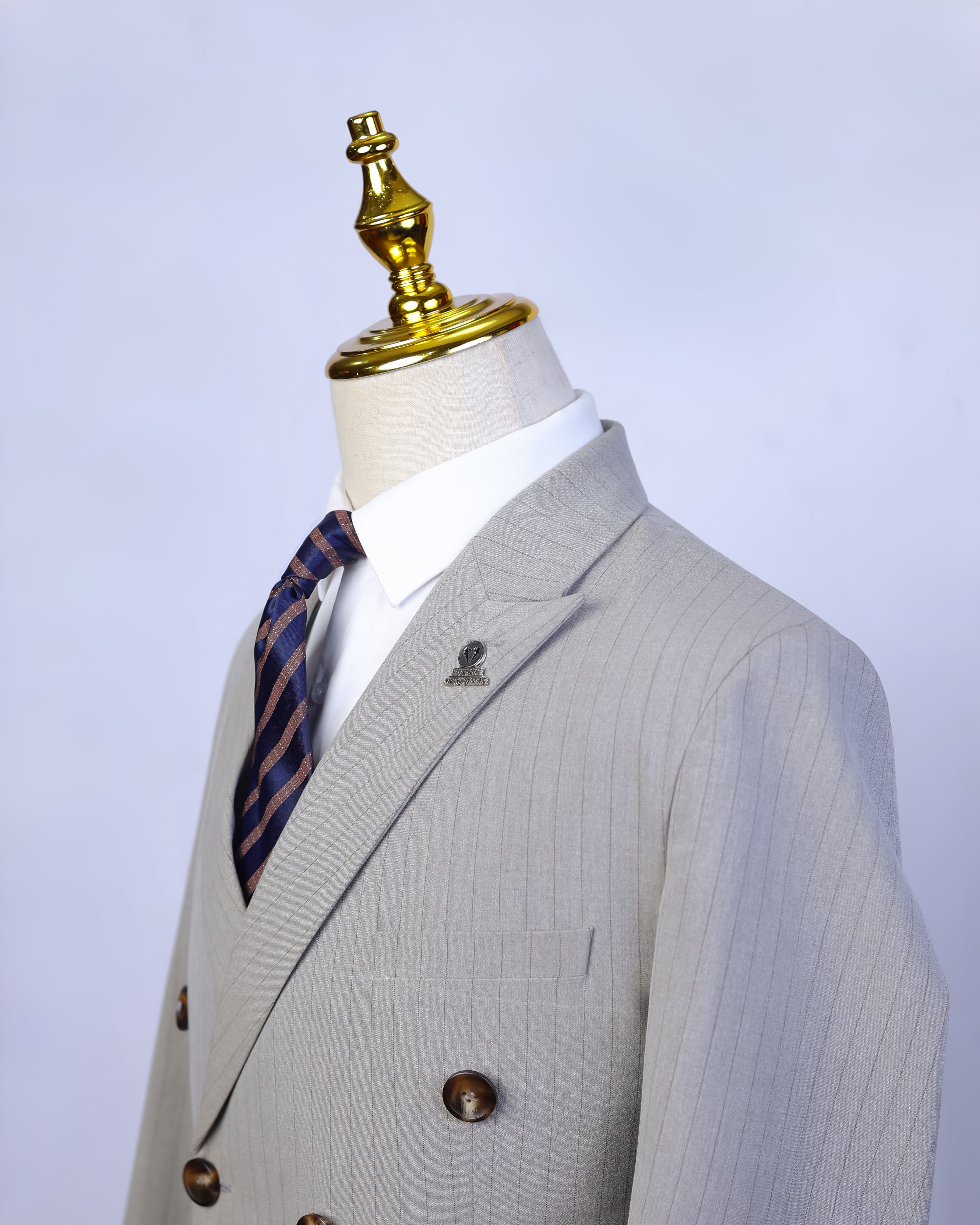 Ash Beige Pinstripes Double Breasted