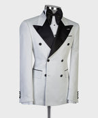 White tuxedo jacket with black lapels and bow tie